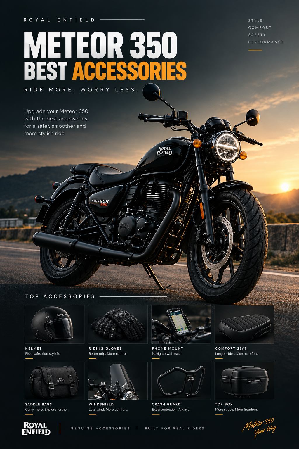 Essential Royal Enfield Meteor 350 accessories including helmet riding gloves saddle bags and windshield