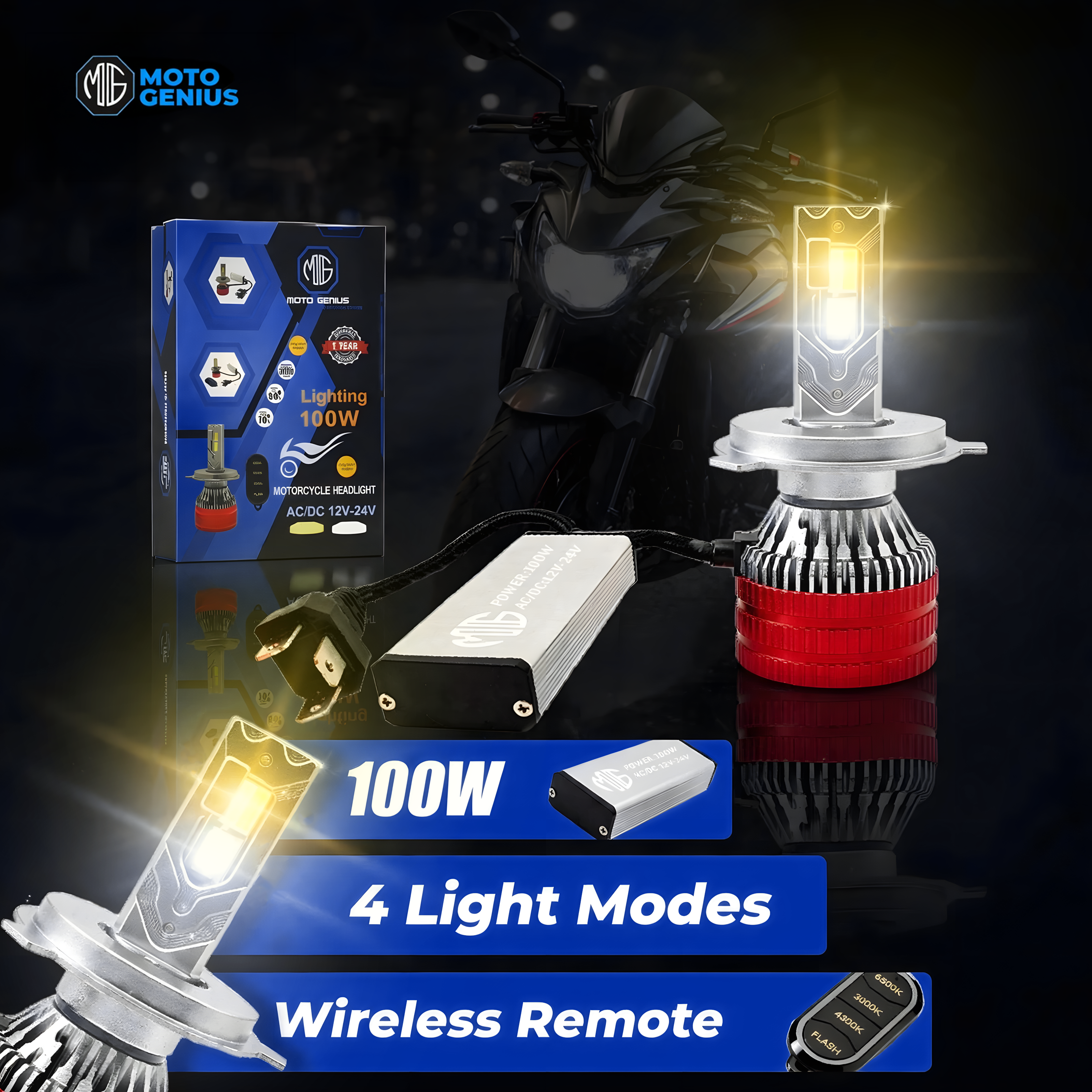 MOTO GENIUS 100W H4 LED Headlight Conversion Kit with Wireless Remote Control, 4 Lighting Modes, Waterproof Aluminum Housing, Ultra Bright Car & Motorcycle Headlights
