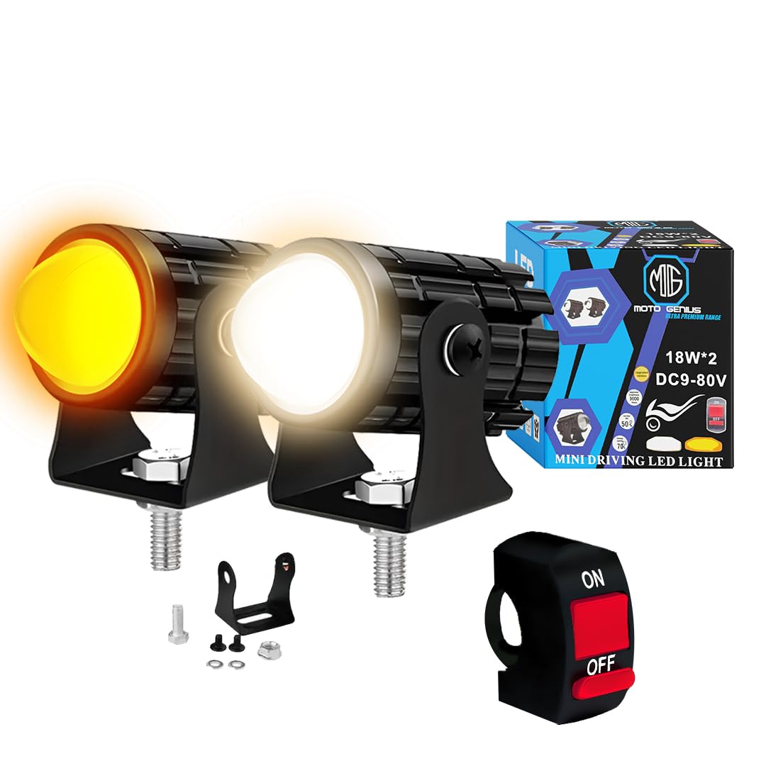 18W LED Motorcycle Fog Light with Switch – Dual Color & | Projector Headlight with Lens | Waterproof Spotlight Lamp | Universal Fit for Bikes & Scooters (Pack of 2) (MGF1) - Moto Genius