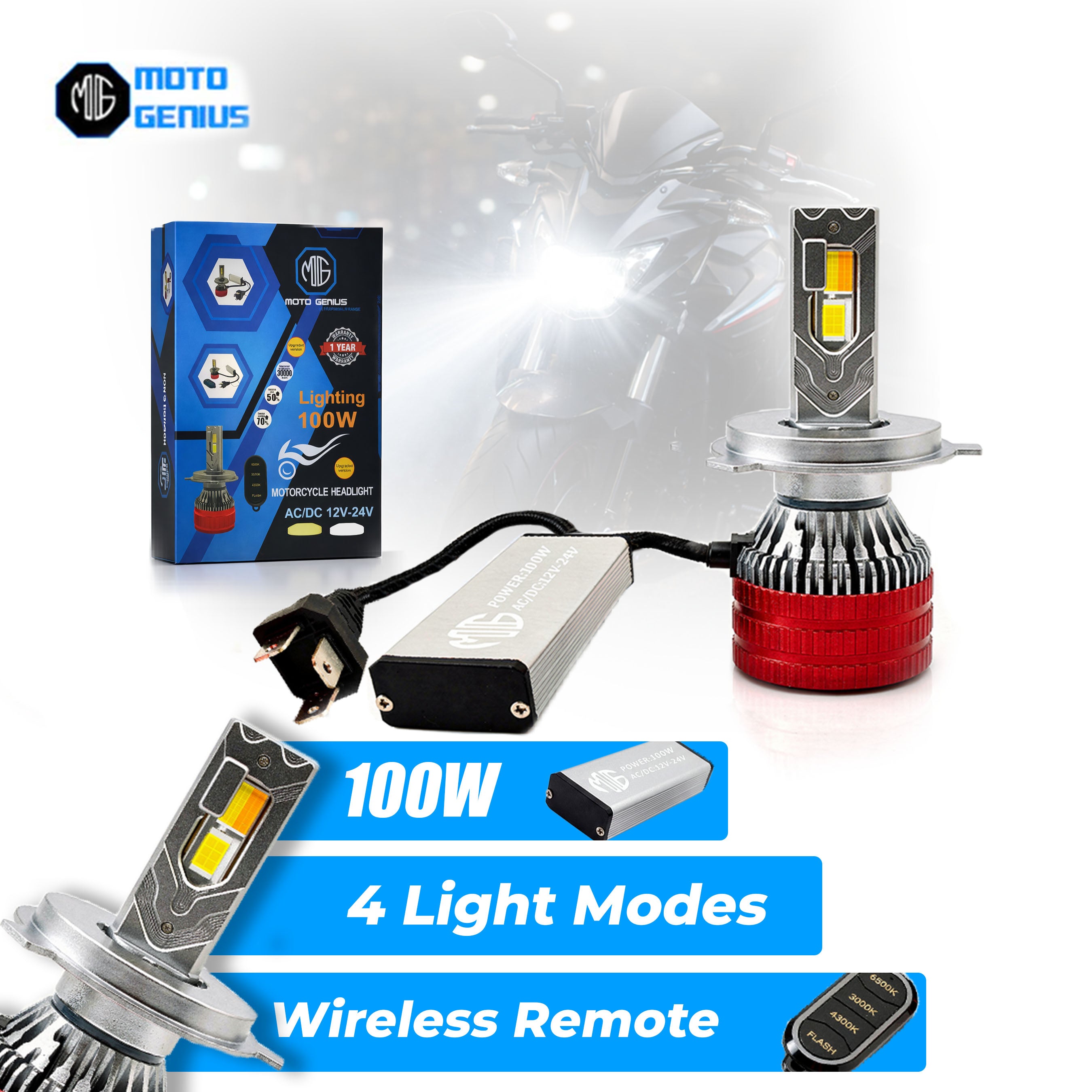 MOTO GENIUS 100W H4 LED Headlight Conversion Kit with Wireless Remote Control, 4 Lighting Modes, Waterproof Aluminum Housing, Ultra Bright Car & Motorcycle Headlights