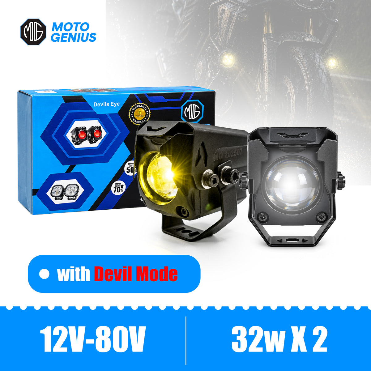 32W×2 LED Fog Lights with Wired Switch, Devil Eye DRL Style Auxiliary Driving Lights for Motorcycles, Trucks, Boats, Tractors & SUVs – Universal Fit