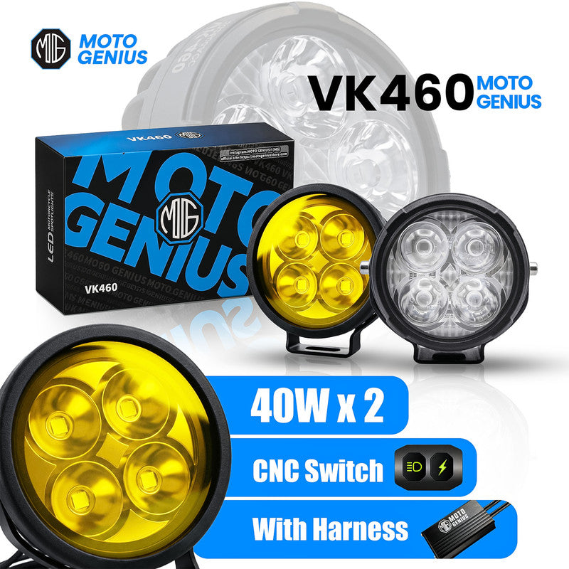 MOTO GENIUS VK460 40W x 2 Motorcycle Fog Light Auxiliary LED Light Set | High Brightness CNC Switch & Wiring Harness | Universal Fit Waterproof Bike Driving Lights (Pack of 2)