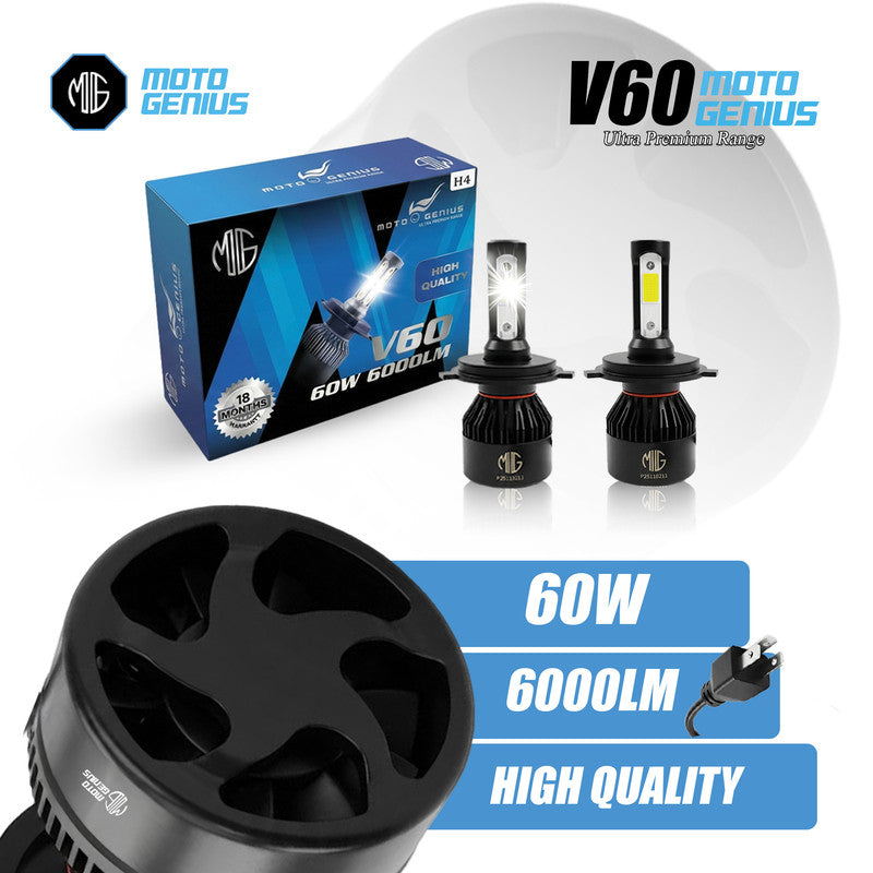 H4 LED Headlight Bulb Hi/Lo Beam 60W (30W+30W) 6000LM, 6500K Cool White, High Brightness with Cooling Fan, Plug & Play for Cars, Bikes & SUVs