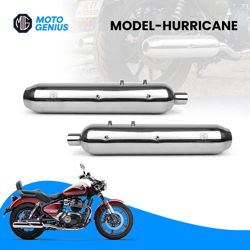 Hurricane Stainless Steel Dual Exhaust Silencer for Royal Enfield Super Meteor 650 (Both Sides, Left + Right) | Premium SS-304 Anti-Rust Performance Muffler Pair(Chrome Silver)
