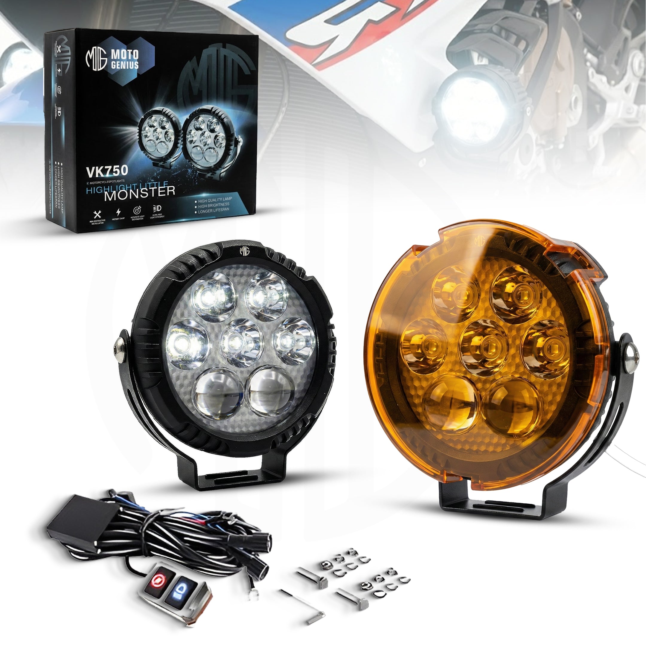 VK 750 WITH HARNESS 7 LED AUXILIARY Fog Light 60W piece Motorcycle & Car Light | With Switch & Wire Harness | Universal Fit | High Brightness | Waterproof (Pack of 2) (MGF3)