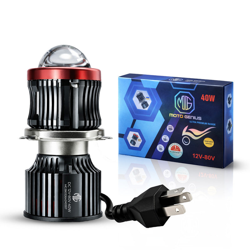 H4 40W LED Projector Lens Headlight for Bike & Scooter, White & Yellow Dual Color with Flashing Mode, 12V–80V Waterproof Auxiliary Light with Cooling Fan