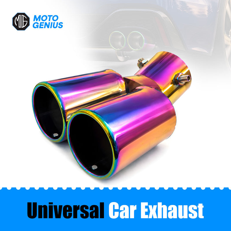 Universal Stainless Steel Burnt Neo Chrome Dual Pipe Car Exhaust Muffler Tip | Rainbow Iridescent Round Shaped Straight End Tail Pipe Show Modification Accessory for All Cars