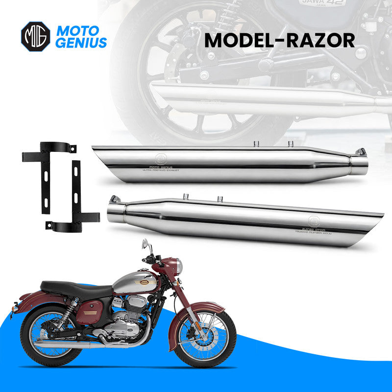 Razor Stainless Steel Dual Exhaust Silencer for Jawa Classic & Jawa 42 (Both Sides, Silver Chrome) | Heavy Bass Deep Rumble Note | Anti-Rust & Weatherproof Motorcycle Muffler (Pair)