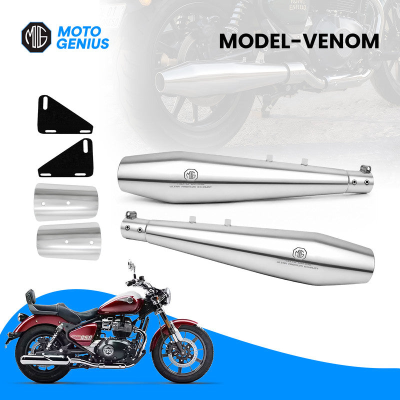 Venom Stainless Steel Dual Exhaust Silencer for Royal Enfield Super Meteor 650 (Both Sides, Left + Right) | Premium SS-304 Anti-Rust Performance Muffler Pair (Chrome Silver)