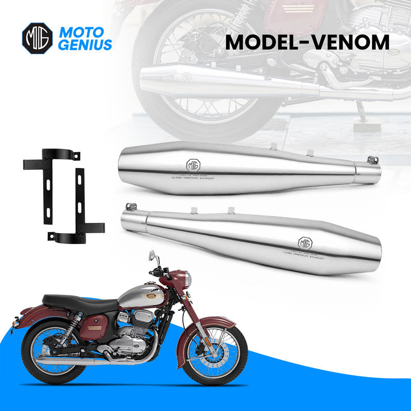 Venom Stainless Steel Dual Exhaust Silencer for Jawa Classic & Jawa 42 (Both Sides, Left + Right) | Premium Anti-Rust Performance Muffler Pair (Chrome Silver)