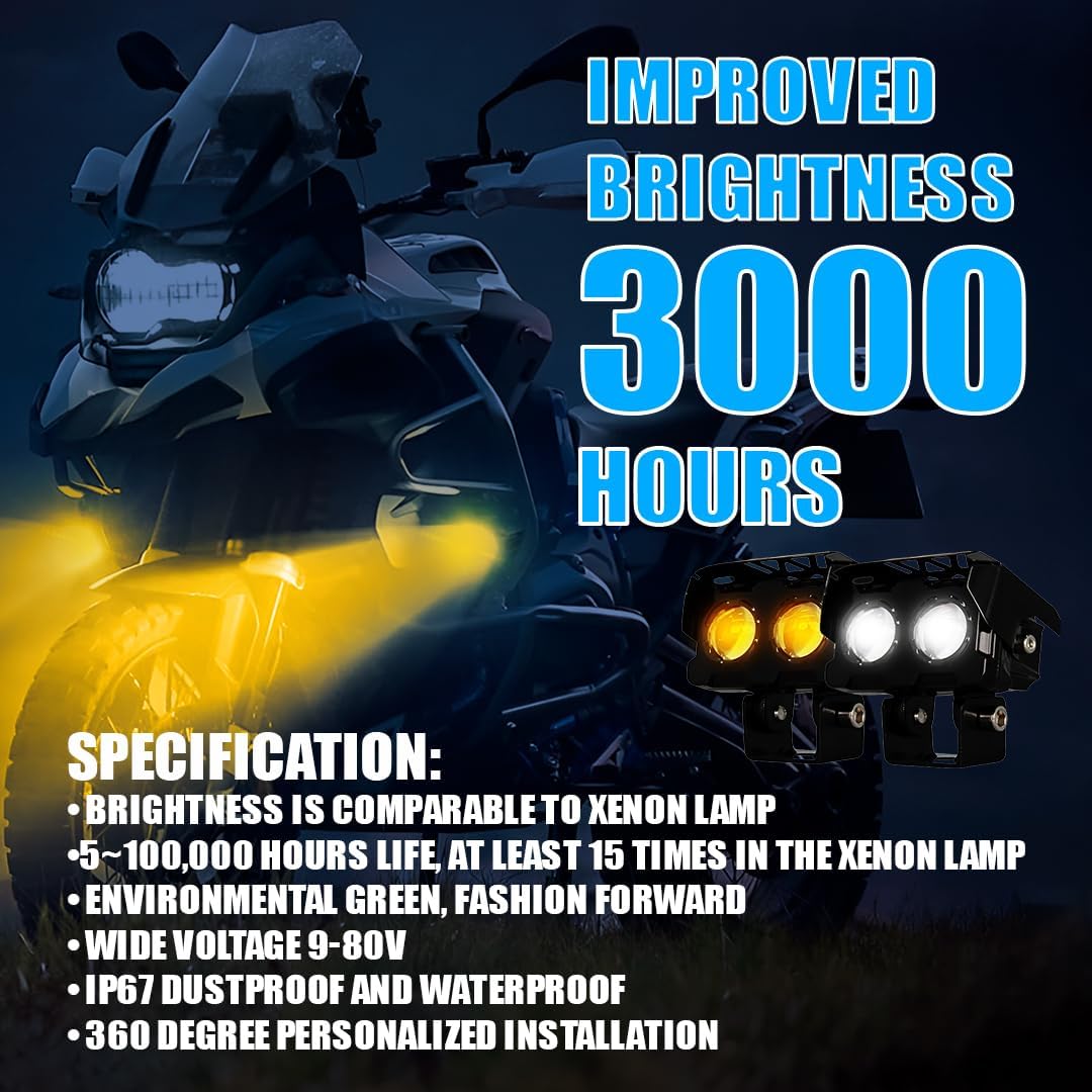 2 LED Fog Light Projectors, 40W Dual Beam (Hi/Lo), White & Yellow Light, IP67 Waterproof, Universal Fit for Car, Bike, Motorcycle and Scooter (Pack of 1) (MGF1) - Moto Genius