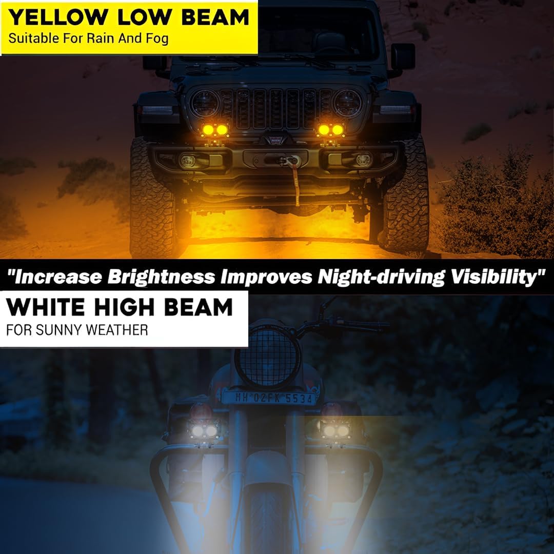 2 LED Fog Light Projectors, 40W Dual Beam (Hi/Lo), White & Yellow Light, IP67 Waterproof, Universal Fit for Car, Bike, Motorcycle and Scooter (Pack of 1) (MGF1) - Moto Genius