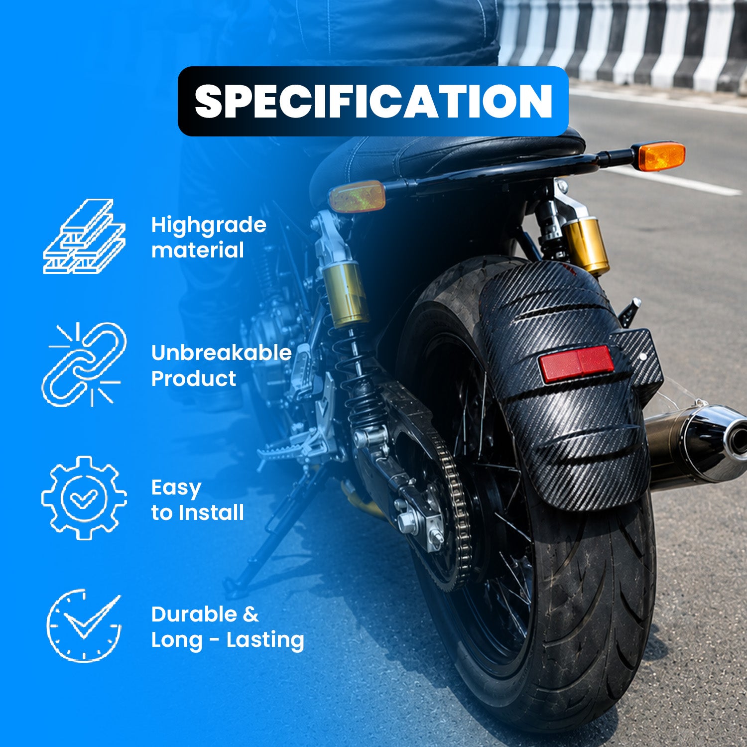 MOTO GENIUS Universal Motorcycle Rear Mudguard Tyre Hugger with Reflector | Carbon Shade Plastic | Anti-Splash Rear Fender for All Bikes