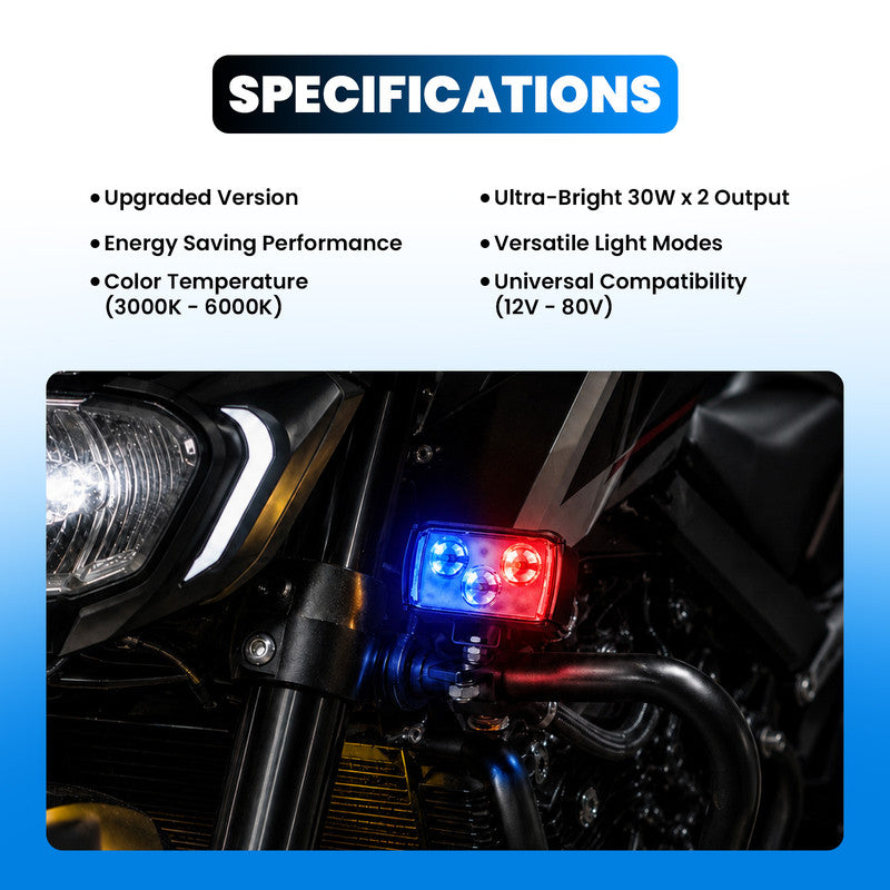Universal 3-LED Motorcycle Fog Light Kit | 60W Dual Lens Projector Spotlight with Wired Switch | 12V-80V Waterproof Riding Lamps for Bikes (Pack of 2)