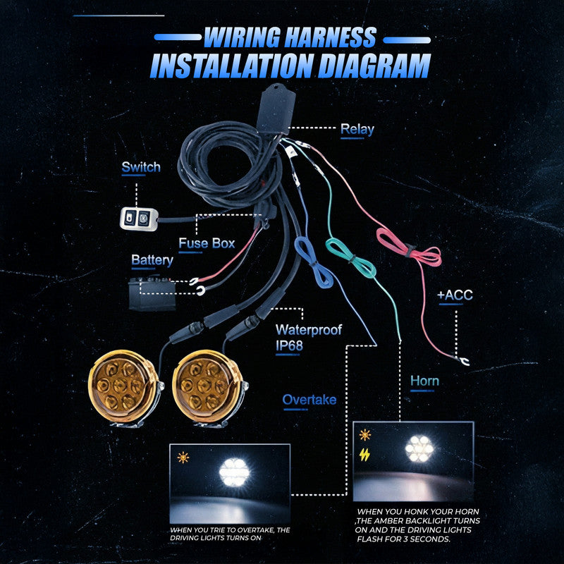 Moto Genius VK 70 Pro 90W piece, LED Auxiliary Fog Lights with DRL | Wiring Harness & Mounts Included | Yellow Covers | Ultra Bright Touring Lights (Pack of 2)