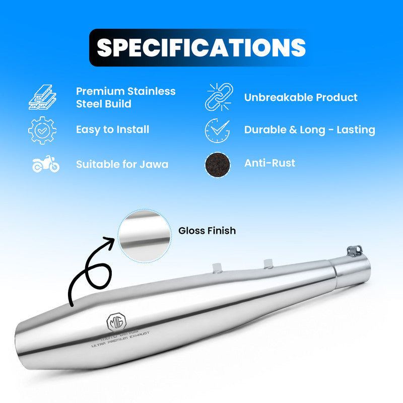 Venom Stainless Steel Dual Exhaust Silencer for Jawa Classic & Jawa 42 (Both Sides, Left + Right) | Premium Anti-Rust Performance Muffler Pair (Chrome Silver)
