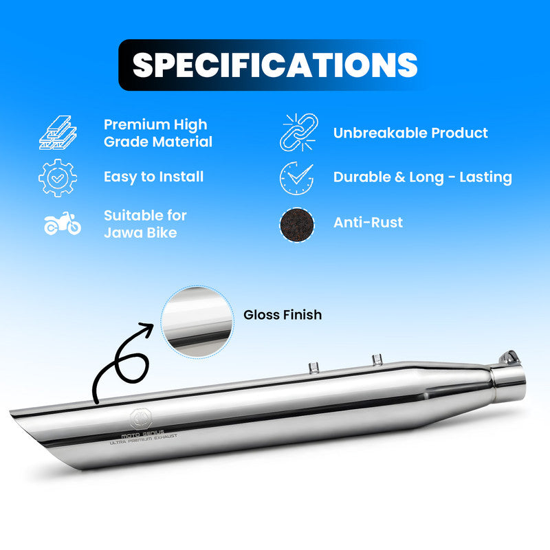 Razor Stainless Steel Dual Exhaust Silencer for Jawa Classic & Jawa 42 (Both Sides, Silver Chrome) | Heavy Bass Deep Rumble Note | Anti-Rust & Weatherproof Motorcycle Muffler (Pair)