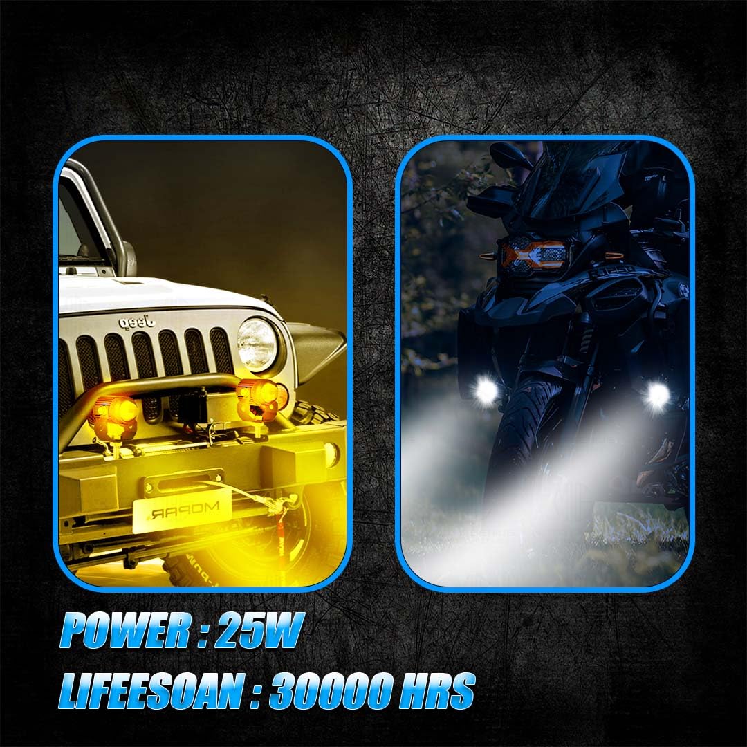 2PCS 25W Fog Light Projectors | 50W Total Power | Dual Beam Hi/Lo | White + Yellow LEDs | IP67 Waterproof | Universal for Car, Motorcycle, Scooter | Pack of 2 (MGF2) - Moto Genius