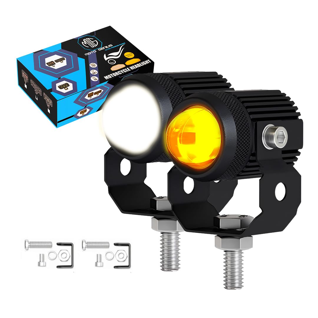 2PCS 25W Fog Light Projectors | 50W Total Power | Dual Beam Hi/Lo | White + Yellow LEDs | IP67 Waterproof | Universal for Car, Motorcycle, Scooter | Pack of 2 (MGF2) - Moto Genius