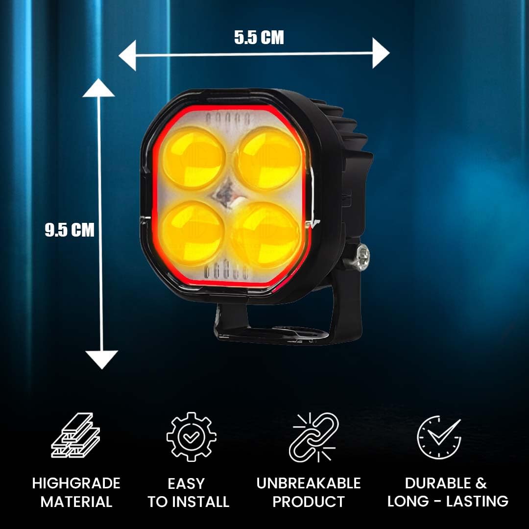 4 Lens LED Fog Light for Bike, Scooter & Car | Waterproof Spotlight with High/Low Beam, 12-80V Universal Fit, Dual Color ( & ) – Pack of 2 (MGF2)-Black - Moto Genius