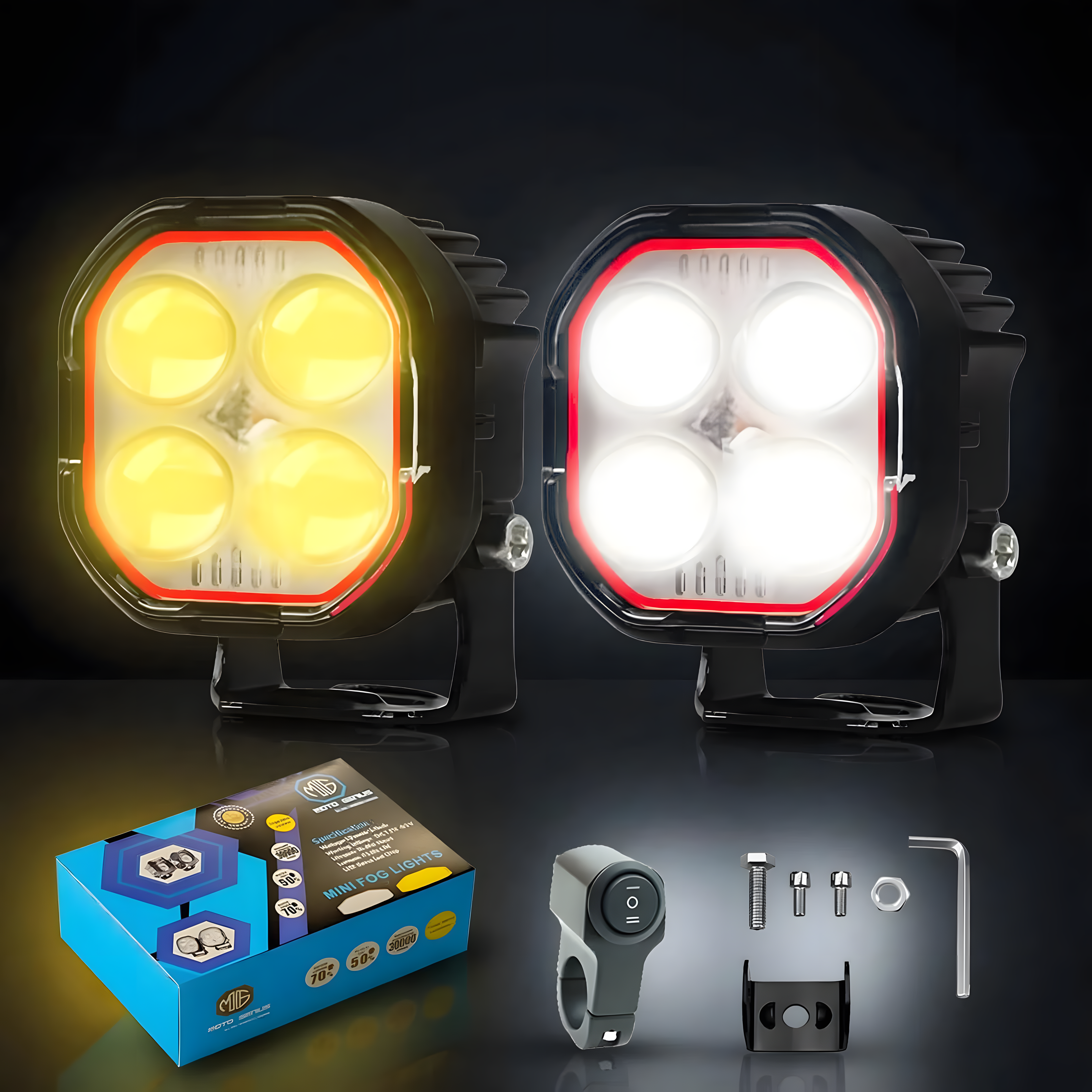 4 Lens LED Fog Light for Bike, Scooter & Car | Waterproof Spotlight with High/Low Beam, 12-80V Universal Fit, Dual Color ( & ) – Pack of 2 (MGF2)