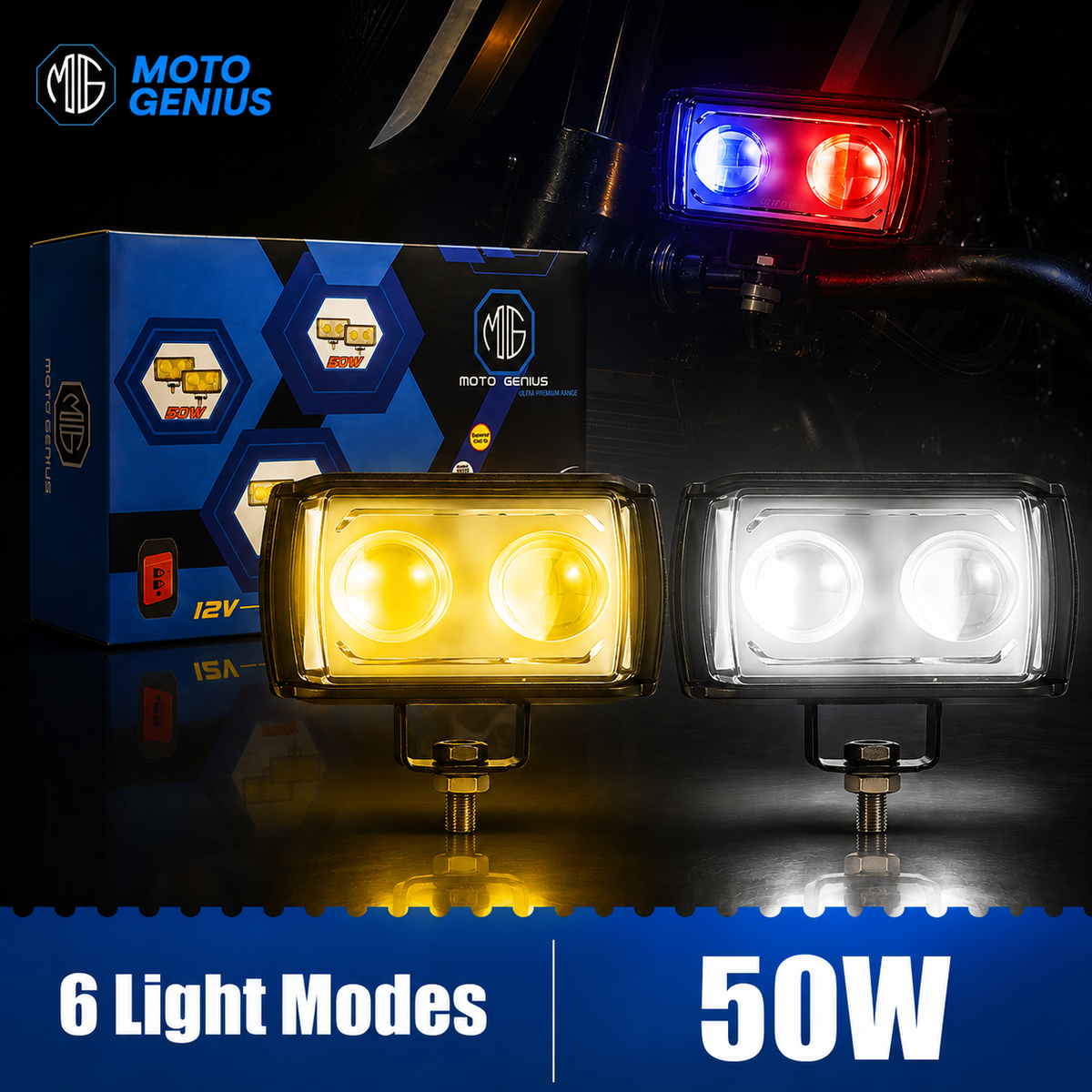 MOTO GENIUS Universal 50W Motorcycle LED Fog Light Kit | Dual Lens Projector Spotlight with Wired Switch | 12V-80V Waterproof Riding Lamps for Bikes(Pack of 2)