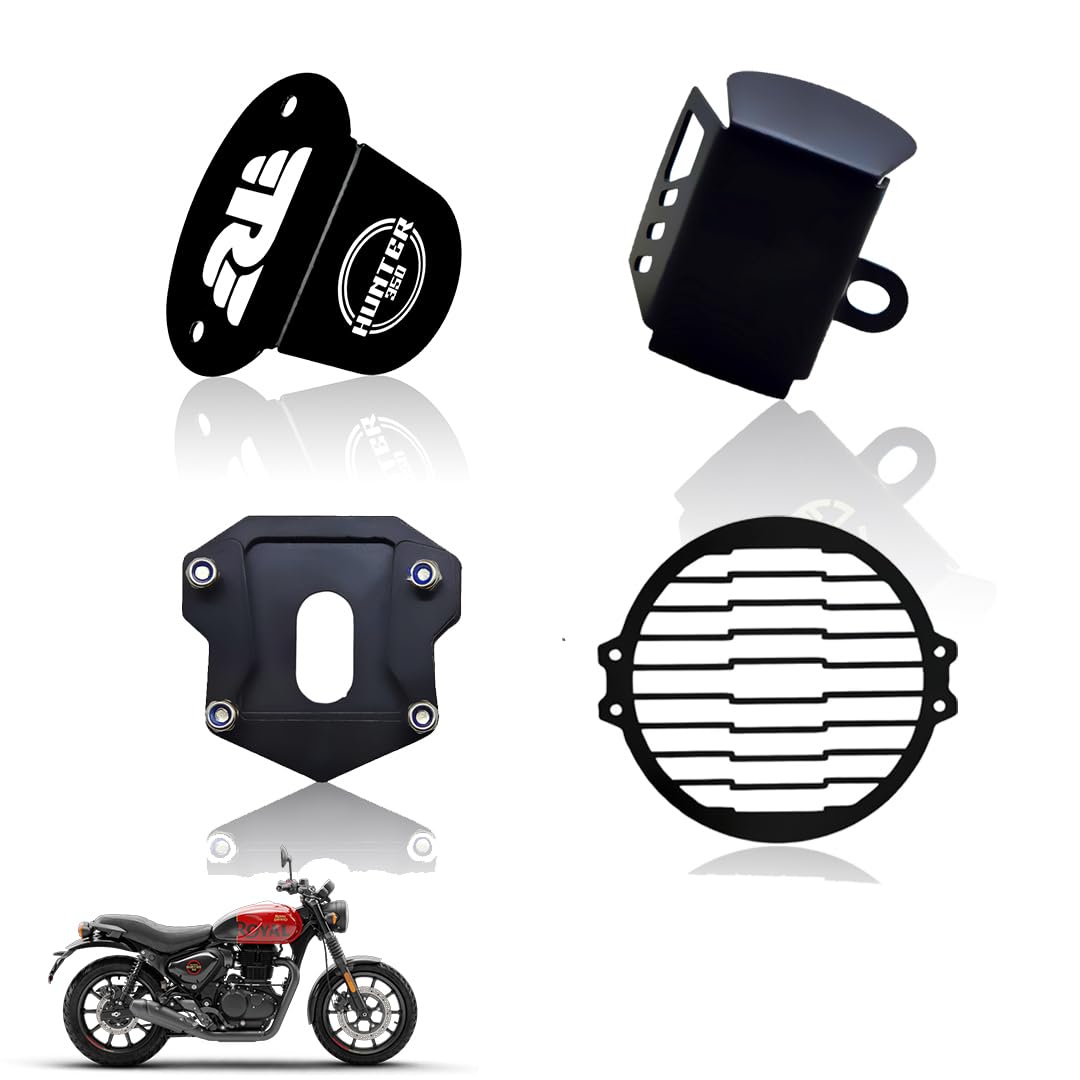 MOTO GENIUS Metal Accessories Kit for RE Hunter Motorbike | Line Shape Headlight Grill, Side Stand Extender, Front & Rear Brake Oil Reservoir Caps | Heavy-Duty Metal | Easy Installation (Pack of 4)