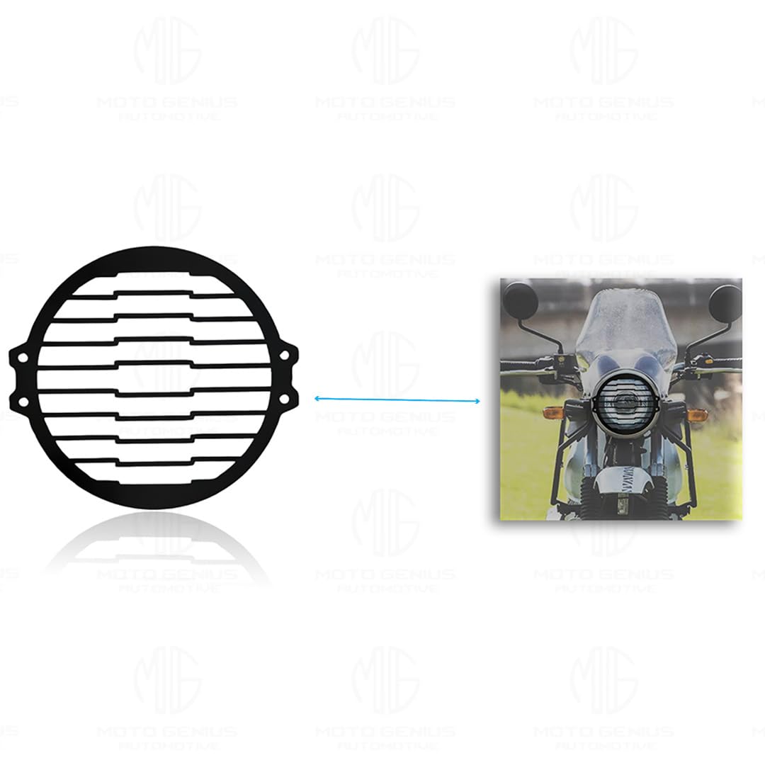 MOTO GENIUS Meteor 350 Motorbike Accessories Kit | Metal Line Shape Headlight Grill, Cylinder Guard, Side Stand Extender & Oil Reservoir Caps for RE Meteor 350 | Heavy-Duty Metal | Pack of 5