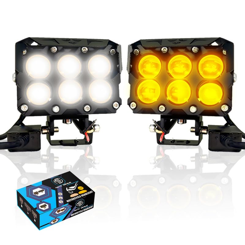 MOTO GENIUS Super Bright 6 LED Fog Light | Dual Mode Yellow and White, Aluminium Body, Universal Fit for Motorcycle & Car, Waterproof (Pack of 2)