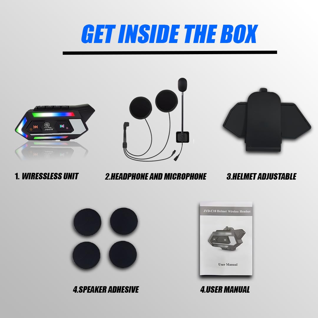 MOTO GENIUS JYD-C10 Motorcycle Bluetooth Headset for Helmet | Dual Earphones with Mic, Hands-Free Calling, Music Control, Connects 2 Phones, Long Battery Life, Compatible with iOS & Android Devices