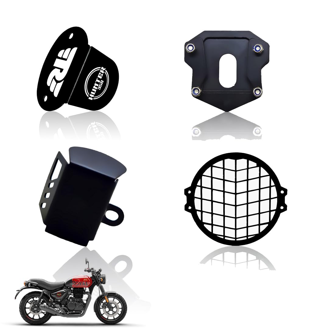 MOTO GENIUS Metal Accessories Kit for RE Hunter Motorbike | Line Shape Headlight Grill, Side Stand Extender, Front & Rear Brake Oil Reservoir Caps | Heavy-Duty Metal | Easy Installation (Pack of 4)