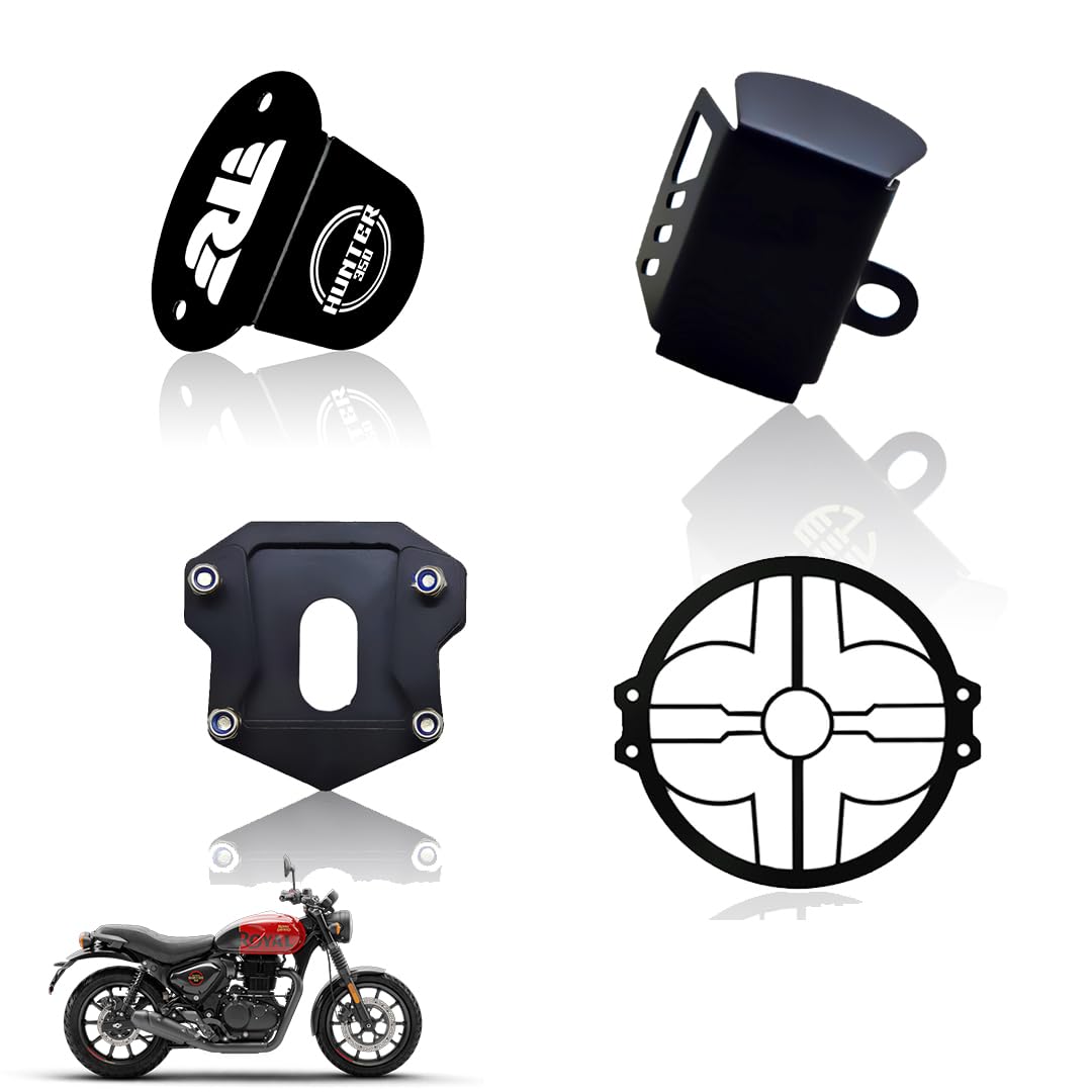 MOTO GENIUS Metal Accessories Kit for RE Hunter Motorbike | Line Shape Headlight Grill, Side Stand Extender, Front & Rear Brake Oil Reservoir Caps | Heavy-Duty Metal | Easy Installation (Pack of 4)