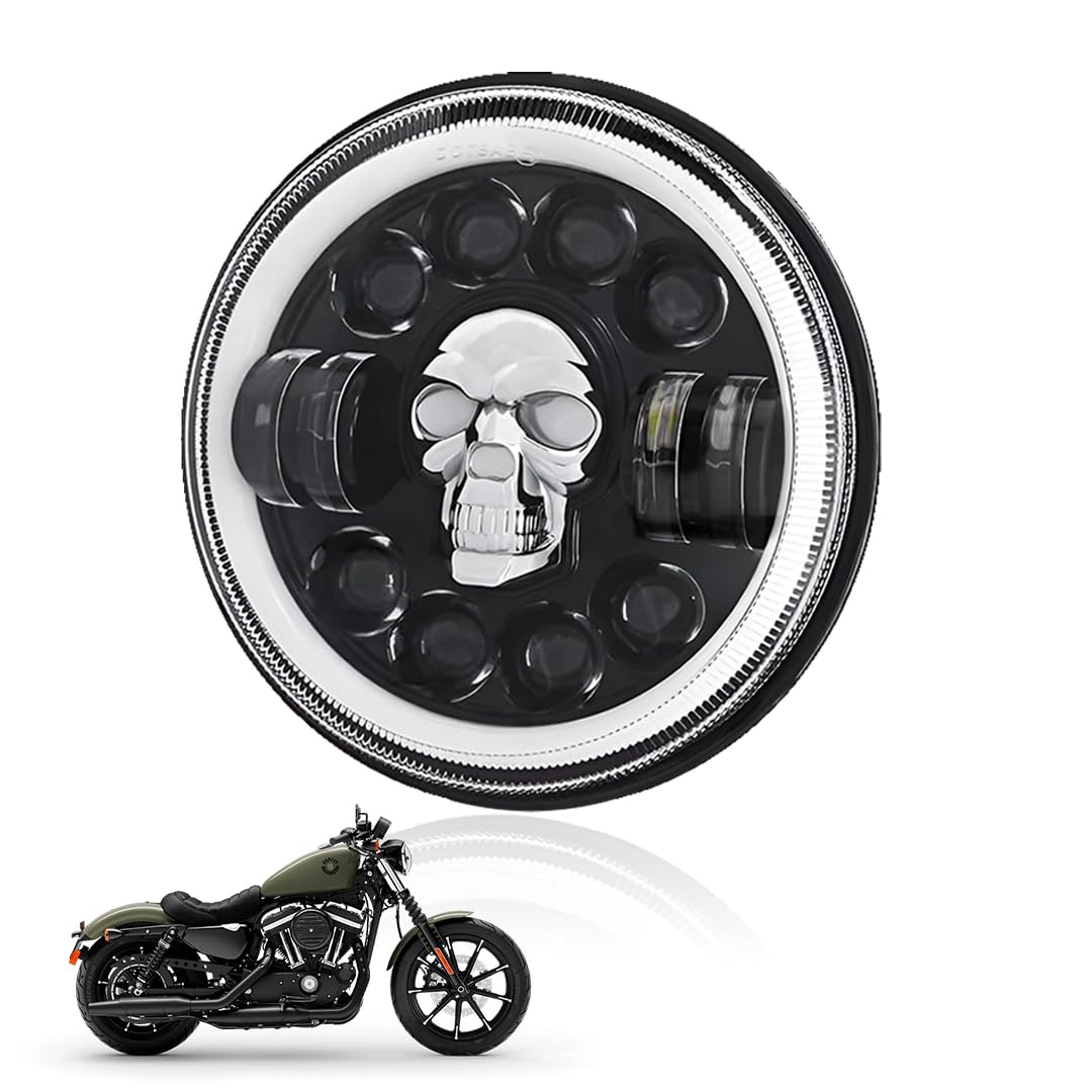 5.7 Inch LED Round Headlight with DRL for HD Iron 883 Motorbike | Acrylic & Aluminum Construction, Waterproof, Luminous Mode | Skull Design - Moto Genius