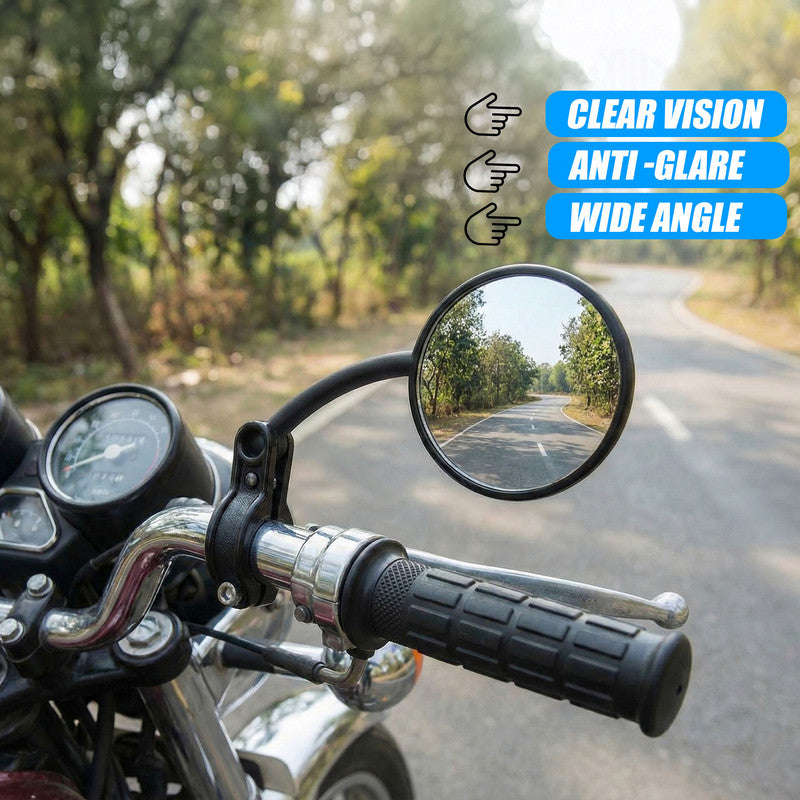 Easy Clamp Enduro Round Motorcycle Mirror, 360° Rotating Fold-Down Plastic Mirror, Universal Handlebar Fit, Durable Black Design
