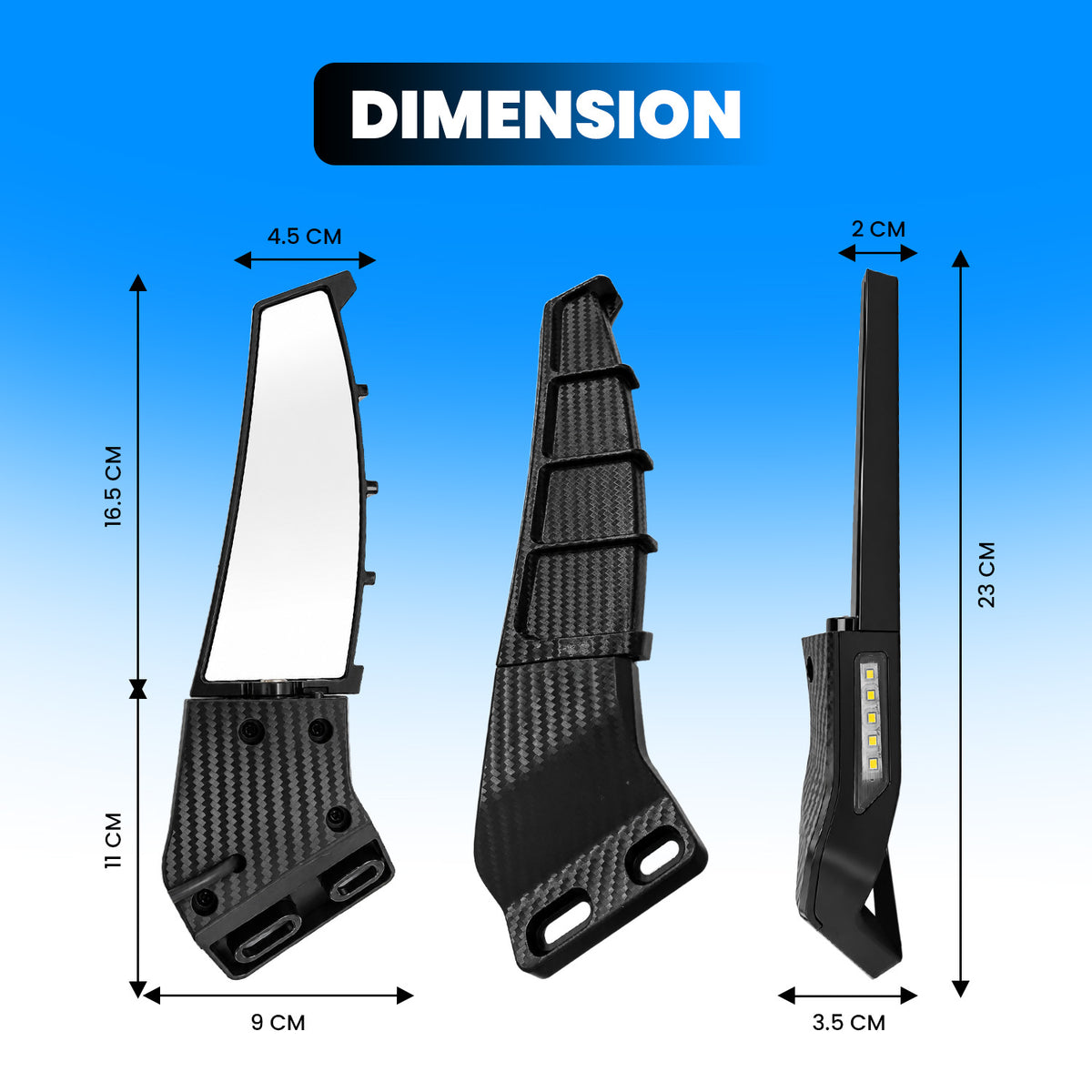 Adjustable Universal Motorcycle Rearview Mirrors with LED Turn Signals, Rotating Wind Wing Side Mirrors, Carbon Fiber Finish, Modified Rear View Mirrors for Most Motorcycles & Bikes
