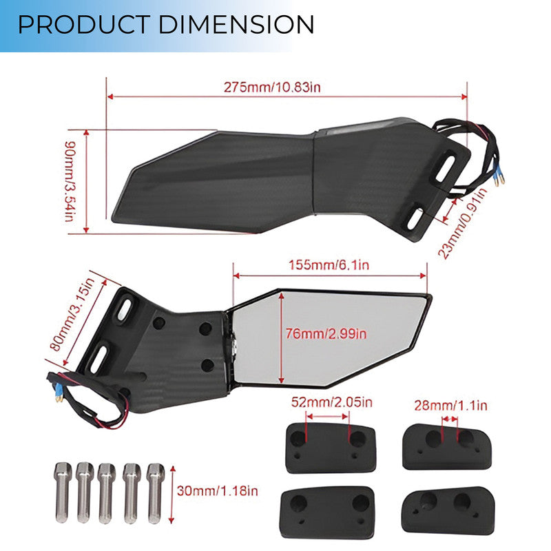 Motorcycle Wind Wing Rearview Mirrors – Adjustable Rotating Carbon Fiber Style Side Mirrors with LED Turn Signals, Swivel Wing Fin Replacement for Bikes