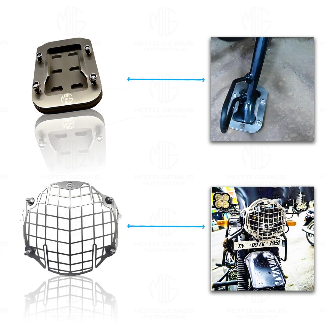 MOTO GENIUS Stainless Steel Accessories Kit for RE Interceptor 650 | Radiator Guard, Check Shape Headlight Grill, Cylinder Guard, Side Stand Extender, Oil Reservoir Caps | Pack of 6