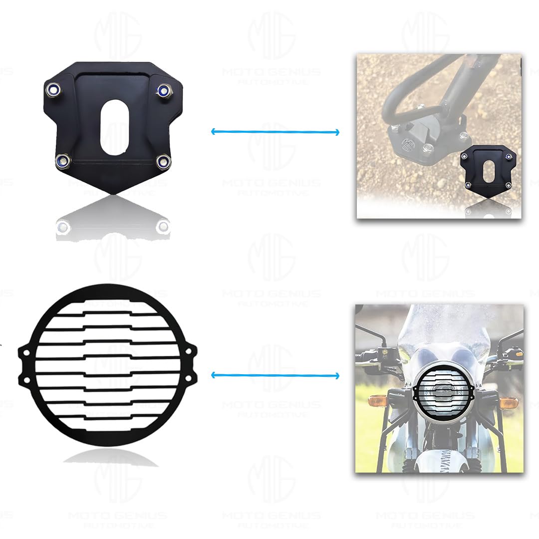 MOTO GENIUS Metal Accessories Kit for RE Hunter Motorbike | Line Shape Headlight Grill, Side Stand Extender, Front & Rear Brake Oil Reservoir Caps | Heavy-Duty Metal | Easy Installation (Pack of 4)