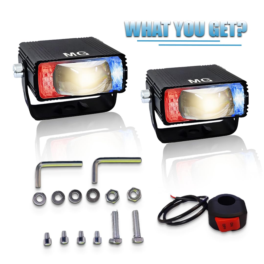 MOTO GENIUS Universal 40W LED Fog Lamp with Switch for Cars and Bikes | Multi-Color Auxiliary Light with White, Yellow, Red Blue and Dual Combo Beams | Waterproof Off-Road Projector Lens Headlight