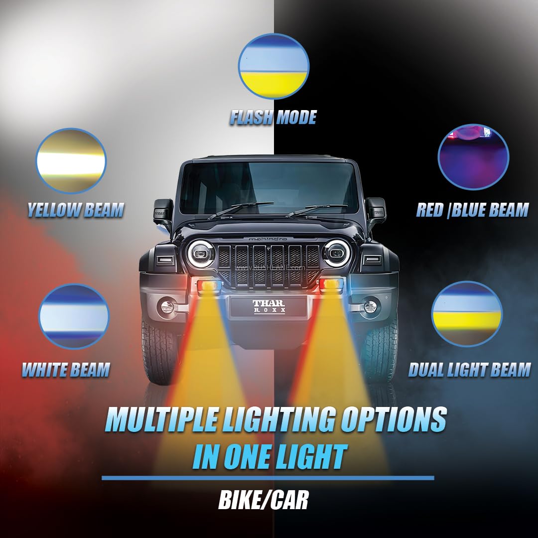 MOTO GENIUS Universal 40W LED Fog Lamp with Switch for Cars and Bikes | Multi-Color Auxiliary Light with White, Yellow, Red Blue and Dual Combo Beams | Waterproof Off-Road Projector Lens Headlight