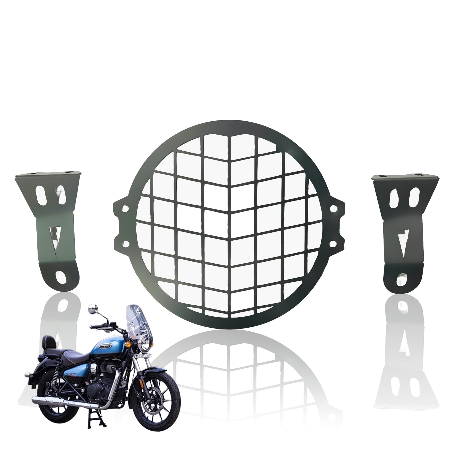 MOTO GENIUS Front Headlight Grill Guard for RE Meteor |Durable Metal Protective Head Light Frame Protector| Jali Compatible for RE Meteor (Plus Design Grill)