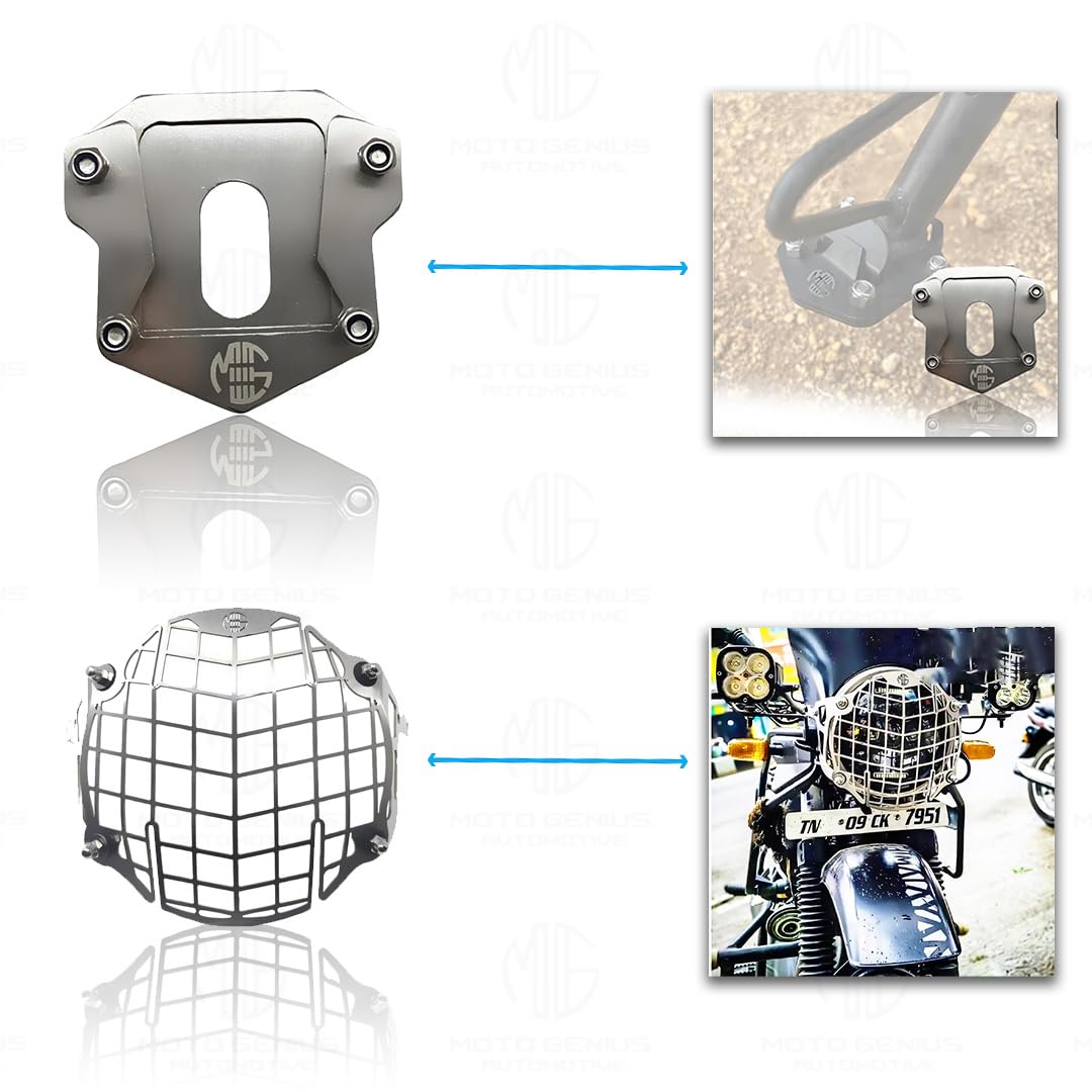 MOTO GENIUS Stainless Steel Accessories Kit for RE Hunter Motorbike | Straight Shape Headlight Grill, Side Stand Extender, Front & Rear Brake Oil Reservoir Caps | Heavy-Duty Steel (Pack of 4)