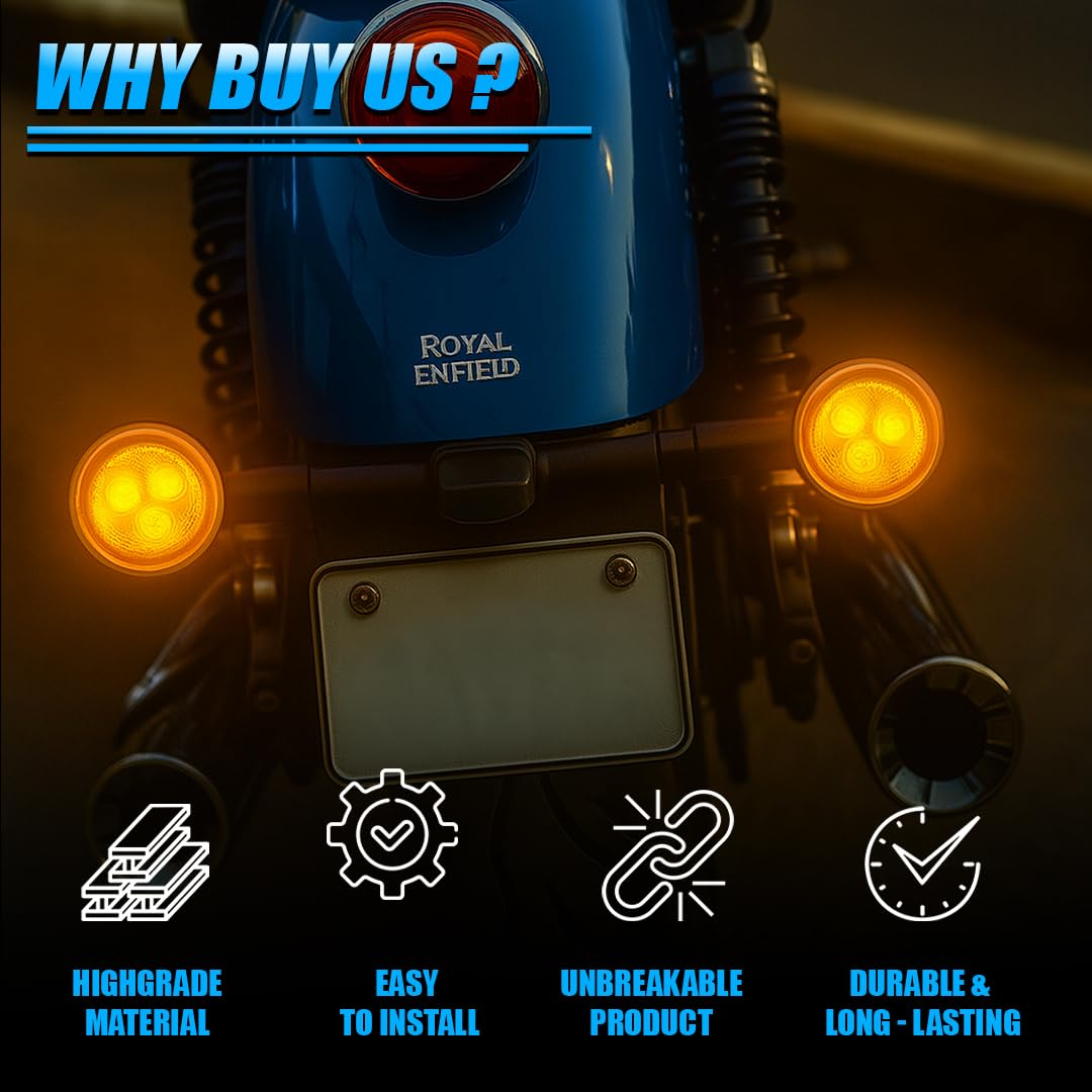 MOTO GENIUS Premium LED Turn Signal Indicators for RE Hunter 350, Meteor 350, Super Meteor 650, Shotgun 650 Motorbike | Waterproof, High-Brightness, Plug & Play (Set of 4)