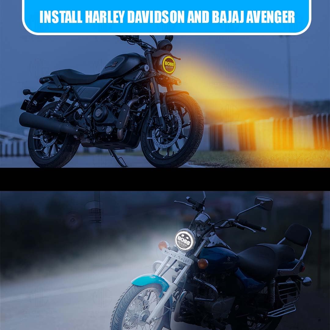 MOTO GENIUS 5.7 Inch LED Round Headlight for Harley Davidson & Bajaj Avenger Motorbike | Acrylic & Aluminum Construction, Waterproof, Luminous Mode (Boss Design)