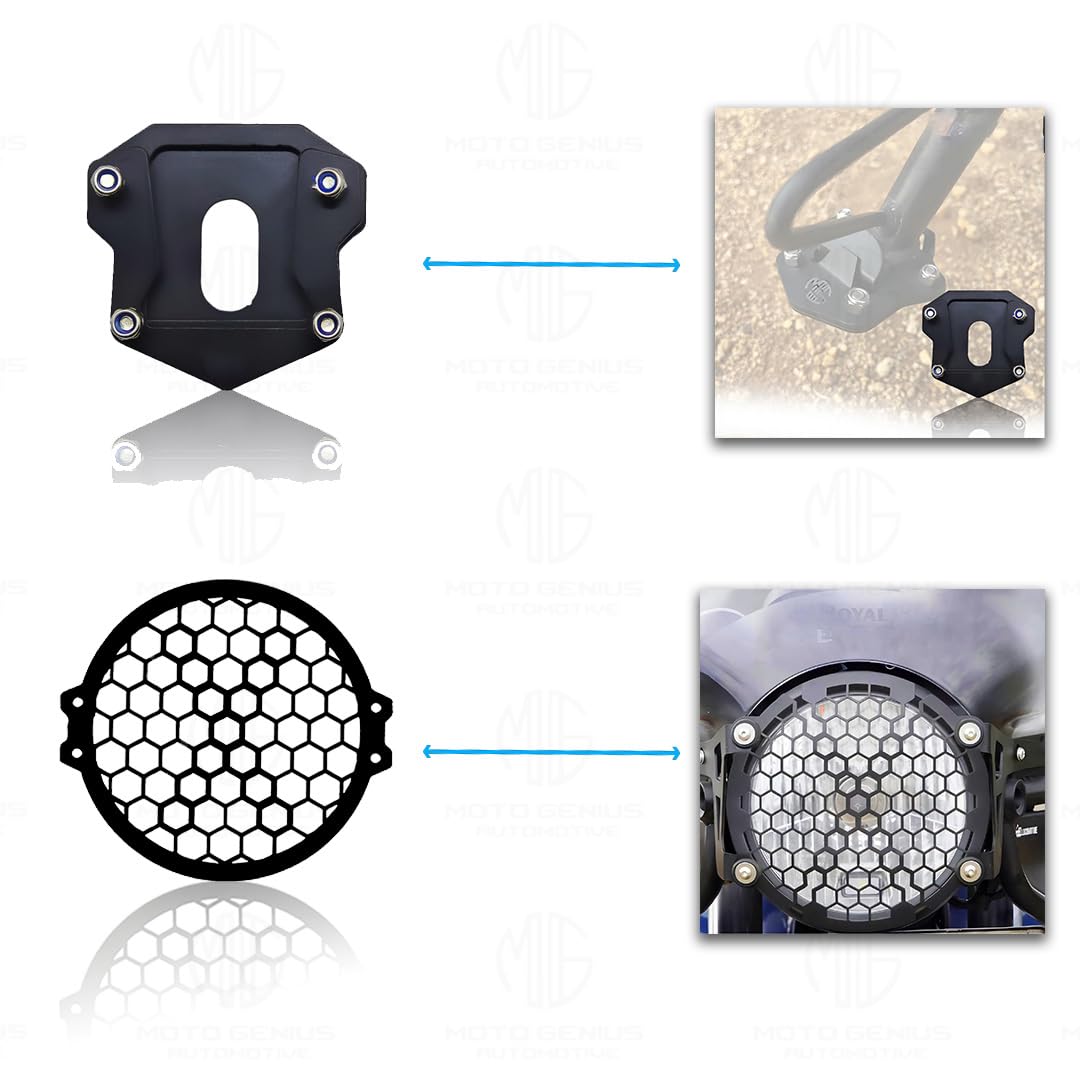 MOTO GENIUS Metal Accessories Kit for RE Hunter Motorbike | Line Shape Headlight Grill, Side Stand Extender, Front & Rear Brake Oil Reservoir Caps | Heavy-Duty Metal | Easy Installation (Pack of 4)