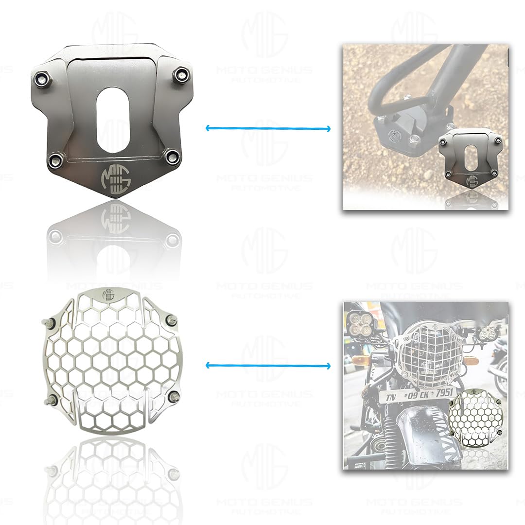 MOTO GENIUS Stainless Steel Accessories Kit for RE Hunter Motorbike | Honey Shape Headlight Grill, Side Stand Extender, Front & Rear Brake Oil Reservoir Caps | Heavy-Duty Steel (Pack of 4)