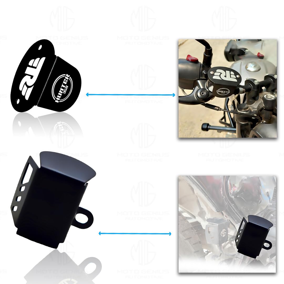 MOTO GENIUS Metal Accessories Kit for RE Hunter Motorbike | Headlight Grill, Side Stand Extender, Front & Rear Brake Oil Reservoir Caps | Heavy-Duty Metal | Easy Installation (Pack of 4)