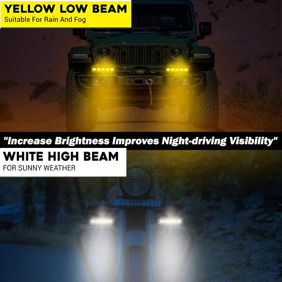 MOTO GENIUS Super Bright 5 LED Fog Light | Dual Mode Yellow & White Changing Light, High Low Beam, Aluminum Body, Universal Fit for Motorcycle & Car