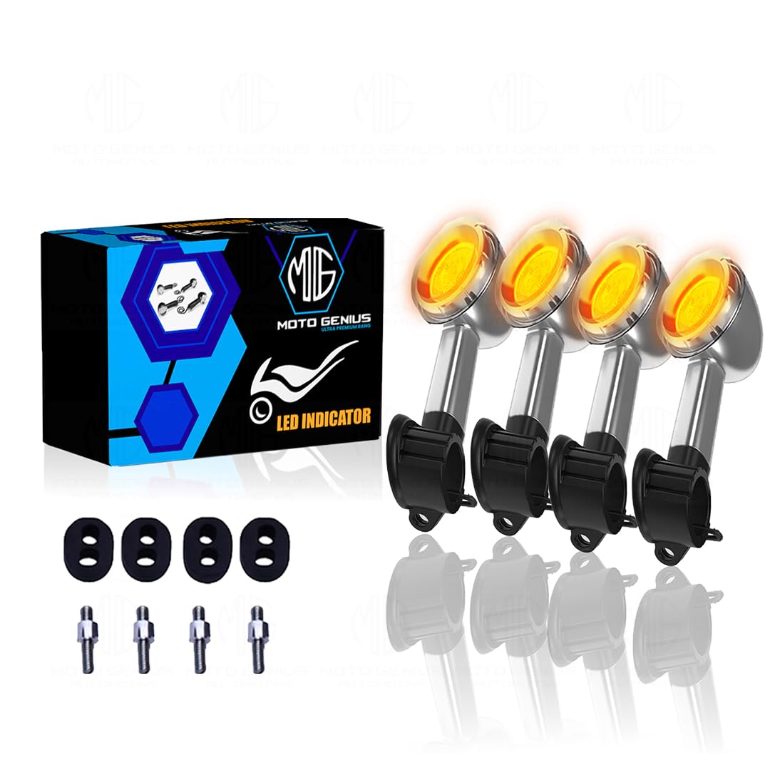 MOTO GENIUS Premium LED Turn Signal Indicators for RE Classic 350, Bullet 350, Reborn | Waterproof, High-Brightness Automotive-Grade LEDs, Durable Virgin Plastic Body (Set of 4) Chrome Finish