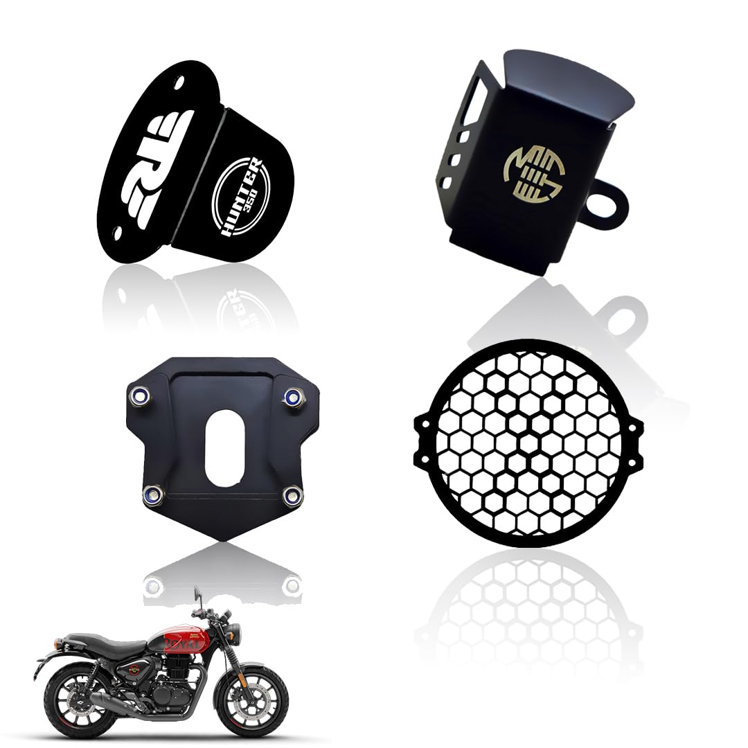 MOTO GENIUS Metal Accessories Kit for RE Hunter Motorbike | Line Shape Headlight Grill, Side Stand Extender, Front & Rear Brake Oil Reservoir Caps | Heavy-Duty Metal | Easy Installation (Pack of 4)